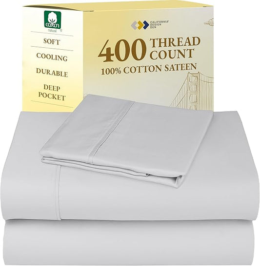 California Design Den Twin Bed Sheets Set - 400 Thread Count Sateen, Natural 100% Cotton Bedsheets, Deep Pockets with All Around Elastic, Soft, Cool and Durable Bedding - Silver