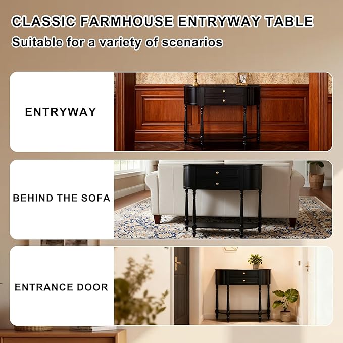 White Entryway Table Narrow, Half Moon Console Table with Two Drawers, Solid Wood Mid Century Modern Console Table with Adjustable Legs for Living Room, Foyer, or Hallway