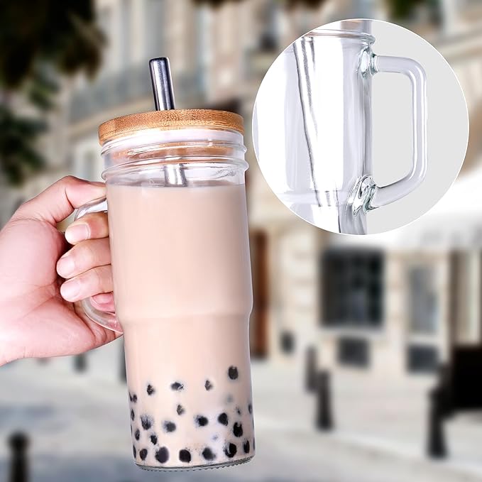 Glass Cups with Lids and Straws - 24oz glass tumbler with bamboo lids and straw Boba Cup