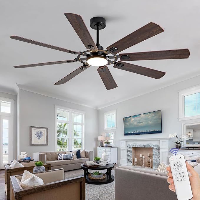 BOOMJOY Dimmable 72 Inch Black Outdoor Ceiling Fans with Lights and Remote Control, 8 Blades Large Outdoor Ceiling Fans for Patios,Big Bedroom Ceiling Fan for Indoor Living Room