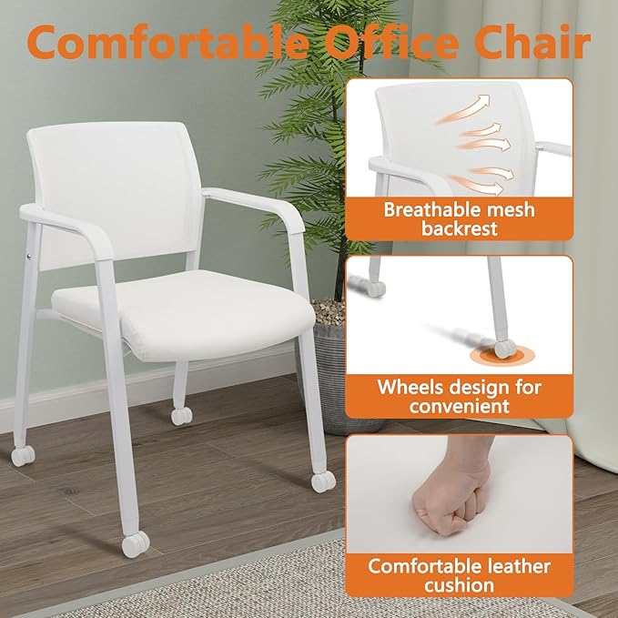 CLATINA Stacking Office Chairs with Wheels | Mesh Back, Thicken Leather Seat and Streamline Armrests, Ergonomic Lumber Support | School, Desk, Guest Reception, Waiting, Conference, White