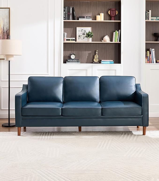 Kingfun 80" Faux Leather Sofa, 3 Seater Couch, Mid Century Modern Couches with Solid Wood Frame for Living Room & Bedroom, Royal Blue