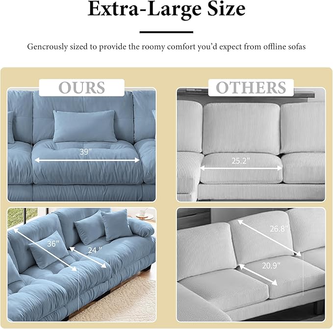 173.2" Oversized Couch, 4 Seater Modular Sectional Sofa, Blue Large L Shaped Sectional Couches for Living Room, Fluffy Chenille Fabric Cloud Couch with Ottoman, Deep Seat Sofas