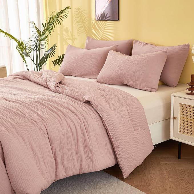 King Size Comforter Set Dusty Rose - Double-Layer Crinkle Gauze Bed Set, 3 Pieces Soft Bedding Set for All-Season, Lightweight Warmth with 2 Pillowcases