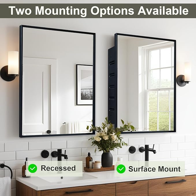 Recessed Medicine Cabinets with Mirror, Black Bathroom Mirror with Storage, Rectangle Medicine Cabinet Vanity Mirrors, Farmhouse Metal Framed Wall Mirror Recessed or Surface Mount, 24x30 Inch