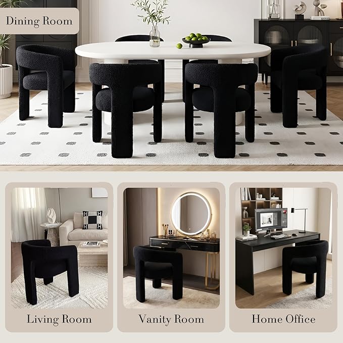 Modern Sherpa Dining Chairs Set of 5, Upholstered Barrel Chairs with Arms Comfy Accent Side Chairs for Living Room/Dining Room/Reception, Black