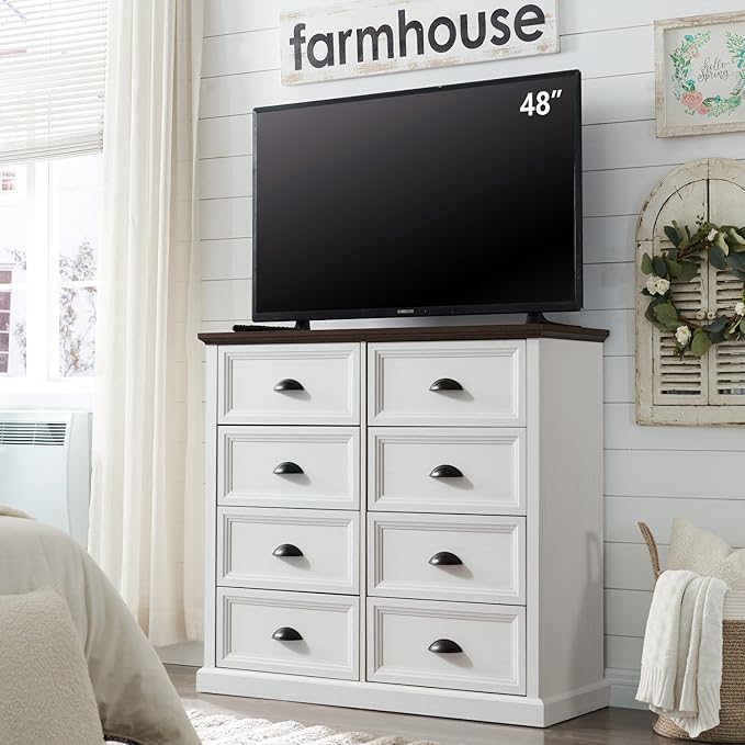 Farmhouse 8 Drawer Dresser for Bedroom, 39" Tall Dressers & Chests of Drawers, 42" Wide Dressers Organizer Storage, Wood Rustic Bedroom Dresser for Closet, Living Room, Hallway, White