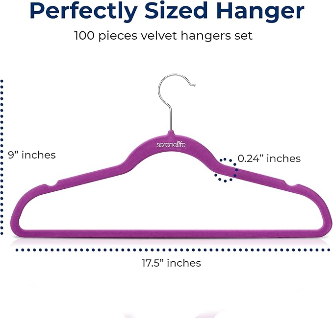 SereneLife 100 Pack Velvet Hangers - Non-Slip Felt with 360° Swivel Hook, Space-Saving, Ultra-Thin, Lightweight for Shirts, Sweaters, Hoodies, Kids Clothes & Dresses