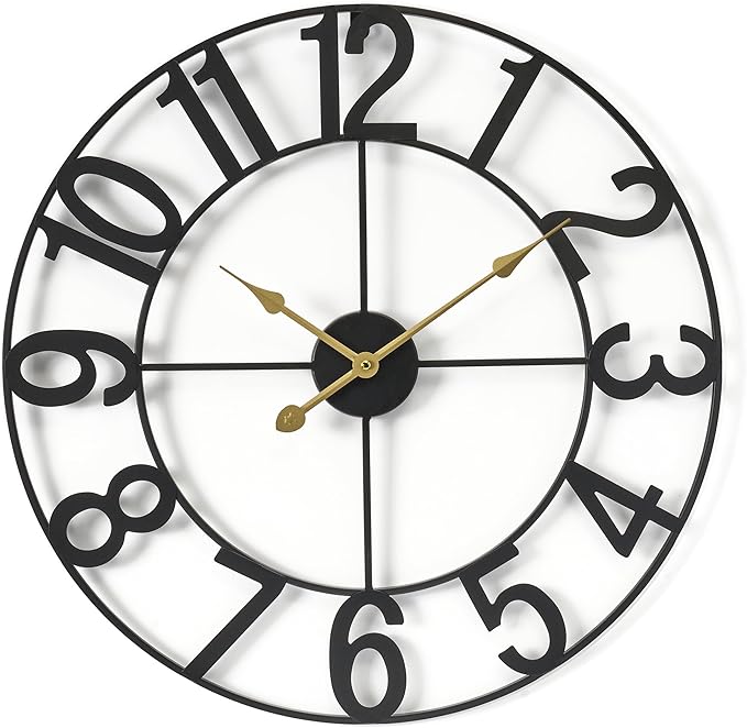 Sorbus 16-Inch Large Wall Clock – Decorative Black Metal Clock with Gold Hands – Silent, Battery Operated, Modern Wall Decor for Living Room, Kitchen, or Office – Great Gift for Housewarming or Office
