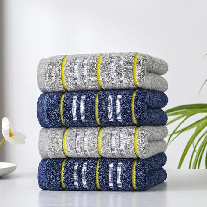 YiLUOMO Blue Hand Towels Yellow Striped Design Set of 2 Super Soft 100% Terry Cotton Highly Absorbent Decorative Hand Towel for Bathroom 13 x 29 Inch