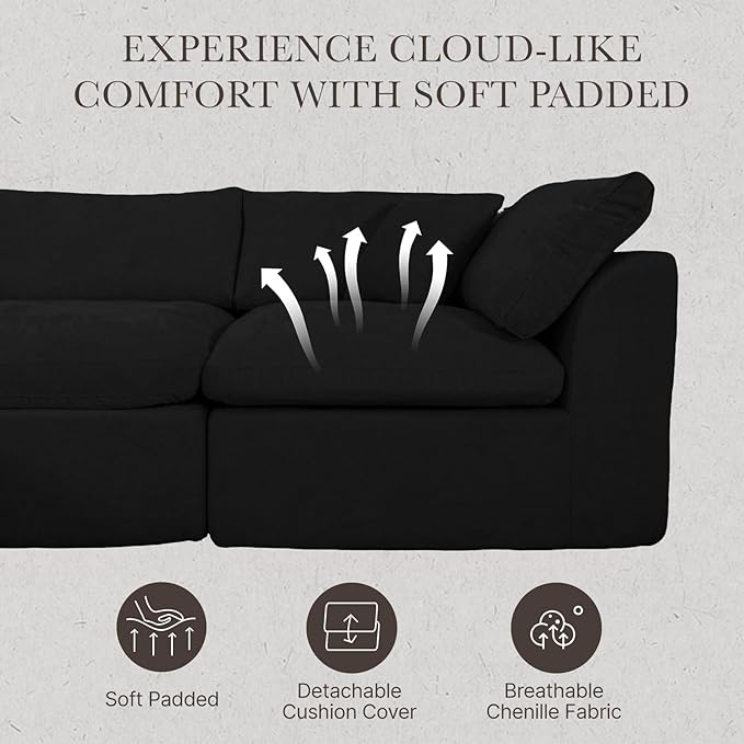 Cloud Modular Sectional Sofa Couch,110” L Sofa with Wide Armrest, Modern High-Density Sponge Compressed Sofa Couch for Living Room, Bedroom,No Assembly Needed (Black, 3 Seats+1 Ottoman)