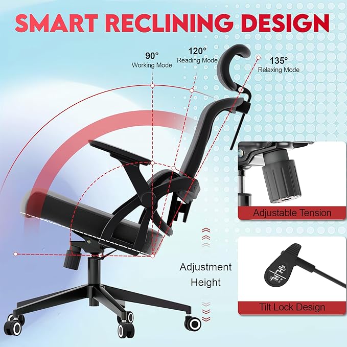 Ergonomic Office Chair - 400LB Comfy Desk Chairs with Adjustable Headrest and Lumbar Back Support, Mesh Computer Chairs with Wheels and Arms for Home Office, Study, Bedroom and Dorm (01grey)