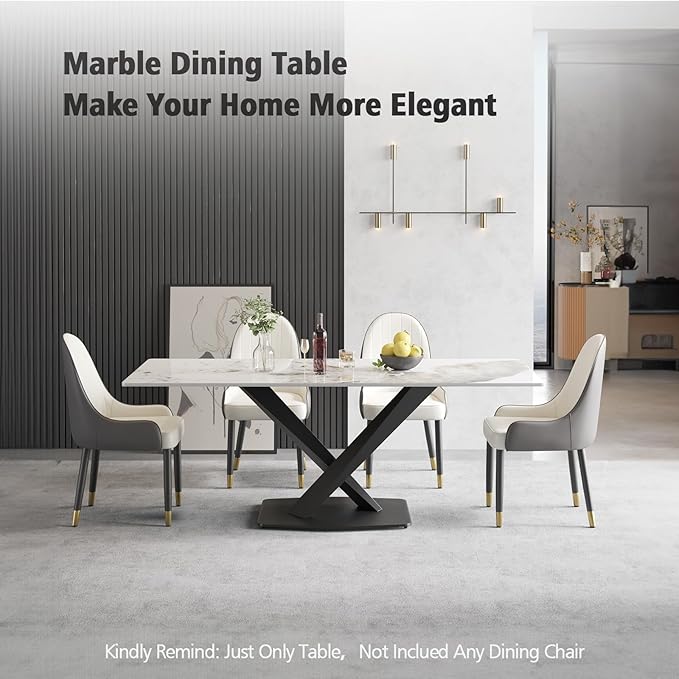 Modern Rectangle Marble Dining Table,63" Antique White Marble Sintered Stone Top Dining Table,Rectangle Dining Room Table with X-Shape Carbon Steel Pedestal Table for Kitchen/Living Room(Table Only)