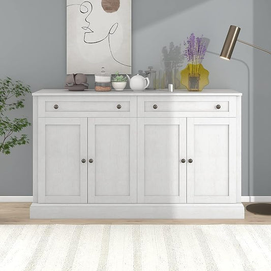 Farmhouse Vintage Console Table Sofa Table with 2 Drawers and Adjustable Shelves, Solid Wood Buffet Sideboard Storage Cabinet for Entryway Living Room Kitchen Dining Room (Antique White)