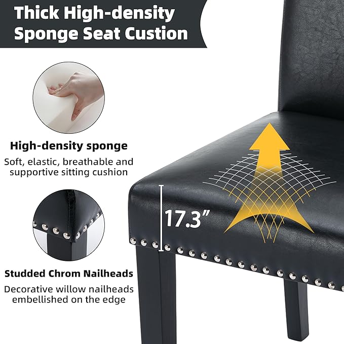 Westice Dining Room Chairs Set of 4 Upholstered PU Leather Kitchen Chairs Dining Room Side Chair with Nailhead Trim and Rubber Wood Legs for Small Space Apartment, Black