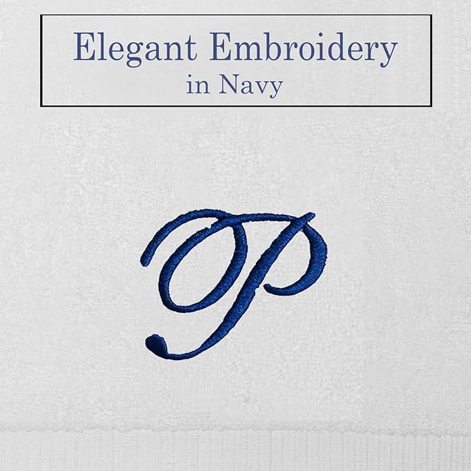 White Monogrammed Hand Towels for Bathroom - Luxury Hotel Quality Personalized Initial Embroidered Towel for Powder Room, Spa - GOTS Organic Certified - Pack of 2 Navy, Letter P
