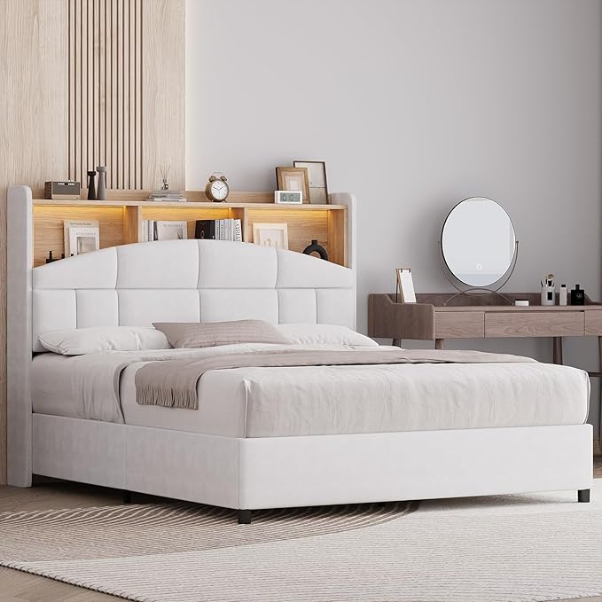 Full Size Bed Frame with Headboard, Velvet Upholstered Bed Frame with LED Lights, Full Size Platform Bed with Wooden Slats Support, No Box Spring Needed, No Noise, Beige