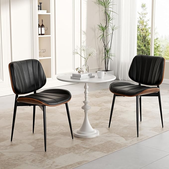 Mid Century Modern Dining Chairs Set of 8, Upholstered Faux Leather Kitchen Dining Room Living Room Chairs, Walnut Wood Bentwood Back and Metal Legs, Black