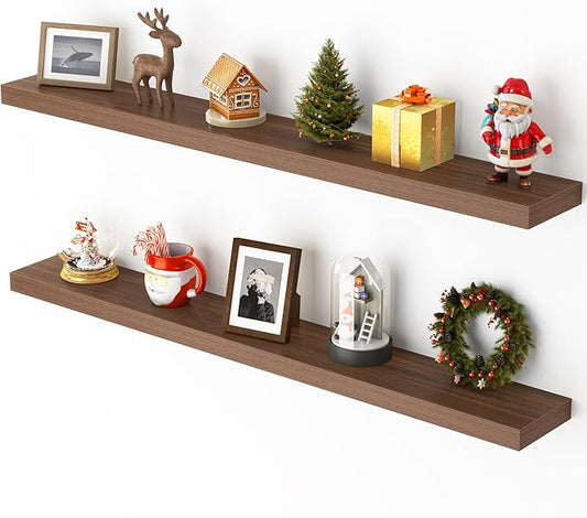 Heimlove 48 Inch Floating Shelves for Wall,Extra Long Wood Shelves Mounted Storage Hanging Shelf Invisible Bracket for Bedroom,Living Room,Kitchen,Office,Set of 2,Walnut Color