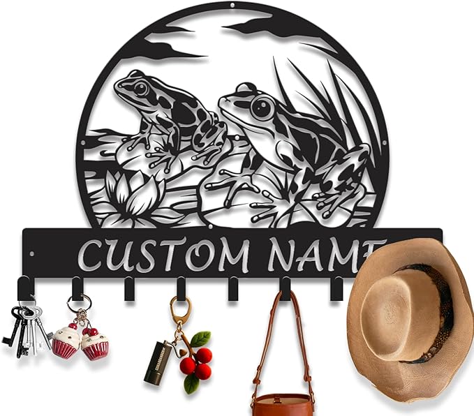Custom Frog Key Holder for Wall Entryway, Personalized Metal Name Sign with Hooks Coat Rack & Dog Leash Holder, Decorative Wall Hanger Organizer (Style-3)