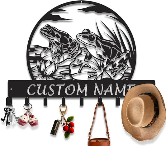 Custom Frog Key Holder for Wall Entryway, Personalized Metal Name Sign with Hooks Coat Rack & Dog Leash Holder, Decorative Wall Hanger Organizer (Style-3)
