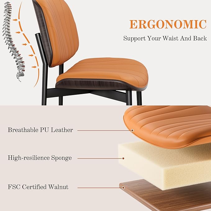 Dining Chairs Set of 6, Mid-Century Modern Upholstered PU Leather Chairs with Walnut Back and Metal Legs Adjustable Feet for Kitchen Dining Room, Orange Shell Strips