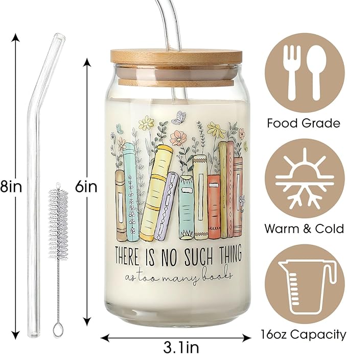 Book Lovers Gifts, 16 Oz Coffee Glass Cup Gift, Funny Bookish Gift for Readers Women, Bookworm Gifts for Book Lovers, Readers, Librarians and Bookaholics, Reading Accessories for Bookworm