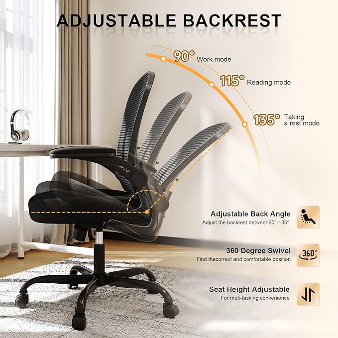 Office Chair, Ergonomic Desk Chairs 330LBS Capacity High Back Mesh Computer Chair with Flip-up Armrests, Comfy Work Chair with Adjustable Lumbar Support, Rolling Chair