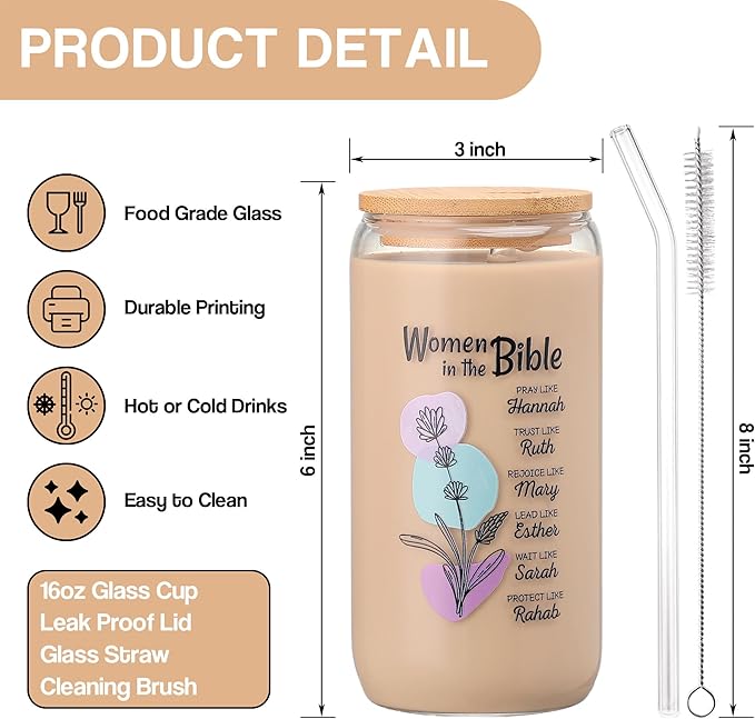Christian Gifts for Women - Women of the Bible Glass Coffee Tumbler with Straw and Gift Box - 16oz Christian Mug for Mother's Day, Sister, or Bible Lovers