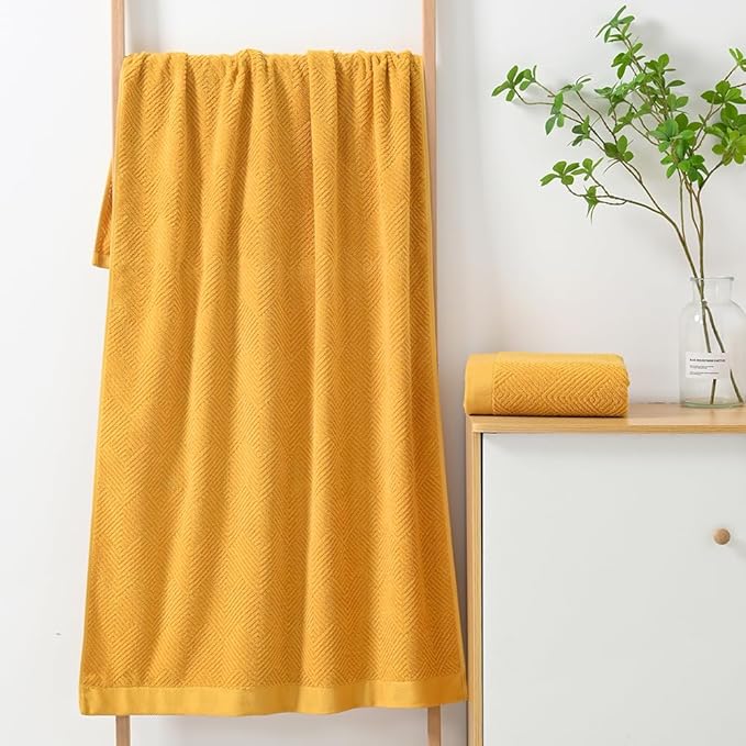 sense gnosis Yellow Bath Towels Set of 2 Striped Weave 100% Terry Cotton Towel Super Soft Highly Absorbent Bath Towel for Bathroom 27" X 55"