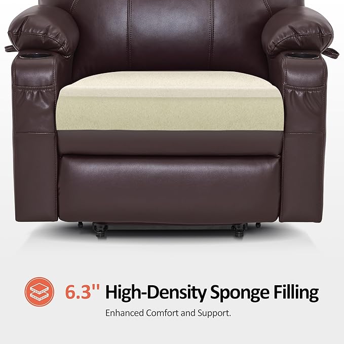 MCombo Extra Wide Power Lift Recliner Chair for Elderly, Lift Chair with Heat and Massage for Big People, USB&Type C Ports, Cup Holders, Faux Leather R7045 (Dark Brown, Medium-Wide)
