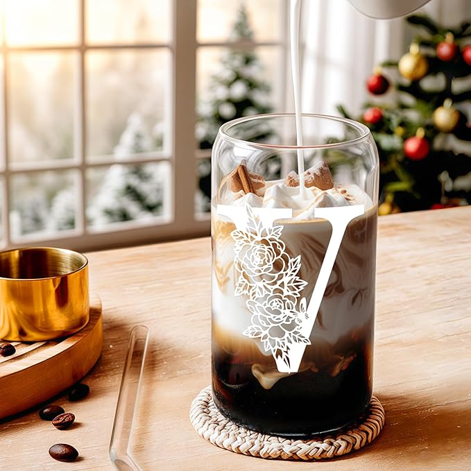 DWTS DANWEITESI Birthday Gifts for Women: Initial Glass Cup as Office Graduation Memorial Holiday Personalized Gifts - for Husband Aunt Uncle Teen Boy Employee Coworkers Him and Her - V Aesthetic Cup