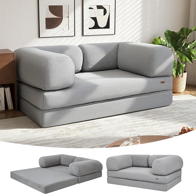 COMAX Folding Sofa Bed Queen, Foldable Couch Bed, Fold Out Futon Chair Sleeper for Adults, Convertible Floor Mattress Sofa for Bedrooom Living Room Guest Room, Faux Fur Grey