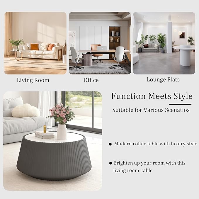 Grey Round Coffee Table with Sintered Stone Tabletop, 26.77" Drum Coffee Table with Fluted PU Leather Covered and Stable Base, Circle Cocktail Tea Table for Living Room