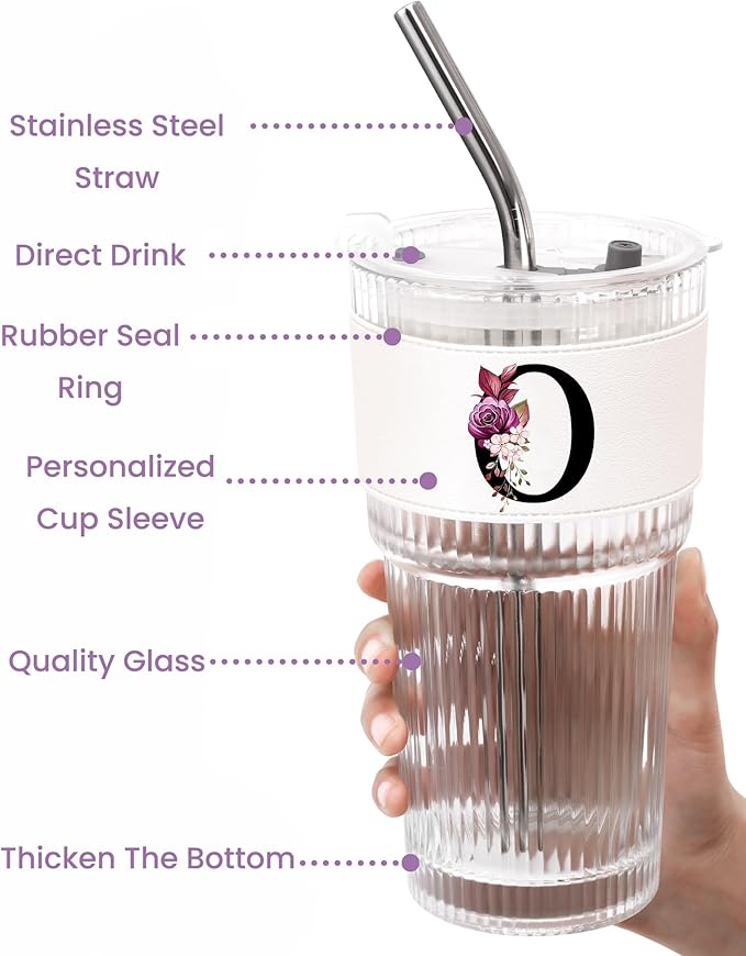 MNZZ Monogram Glass Cup with Lid Straw Ribbed Ice Tea Coffee Clear Tumbler Matcha Latte Women Funny Cute Hostess Graduation Social Deployment Cheerleader Chaos Coordinator Doctor Pastor Wife Gifts O