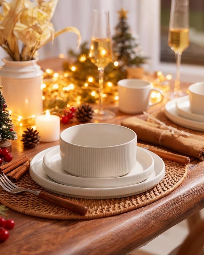 Famiware Star Dinnerware Sets, Plates and Bowls Set for 4, 12 Pieces Ribbed Dishes - Chip and Scratch Resistant, Microwave and Dishwasher Safe Tableware, Matte White