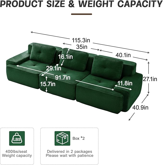 115" Modern Compressed Boneless Couch, 3 Seater Sectional Couches for Living Room, Green Corduroy Cloud Modular Sectional Sofa, Comfy Memory Foam, Extra Deep, Sofas para Sala, No Assembly