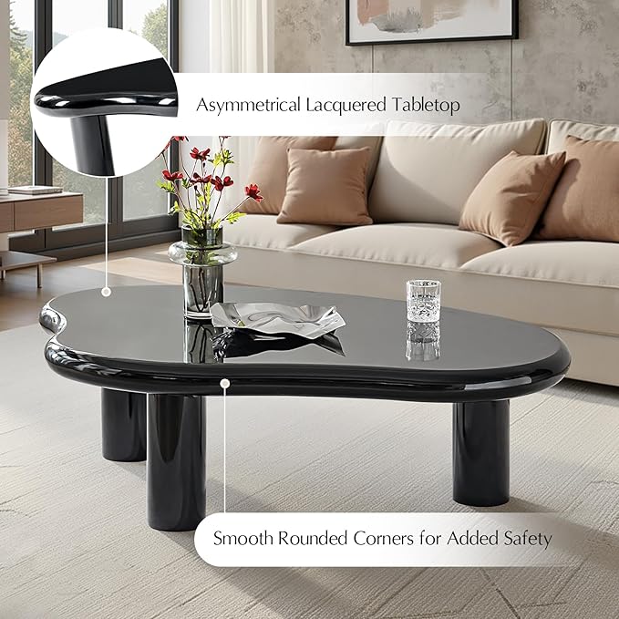 HULALA HOME Modern Cloud-Inspired Coffee Table with Asymmetrical Lacquered Top, Adjustable Legs & Rounded Corners, 50.5”W Contemporary Center Table for Living Room/Office, Holds 110 LBS, Easy Assembly