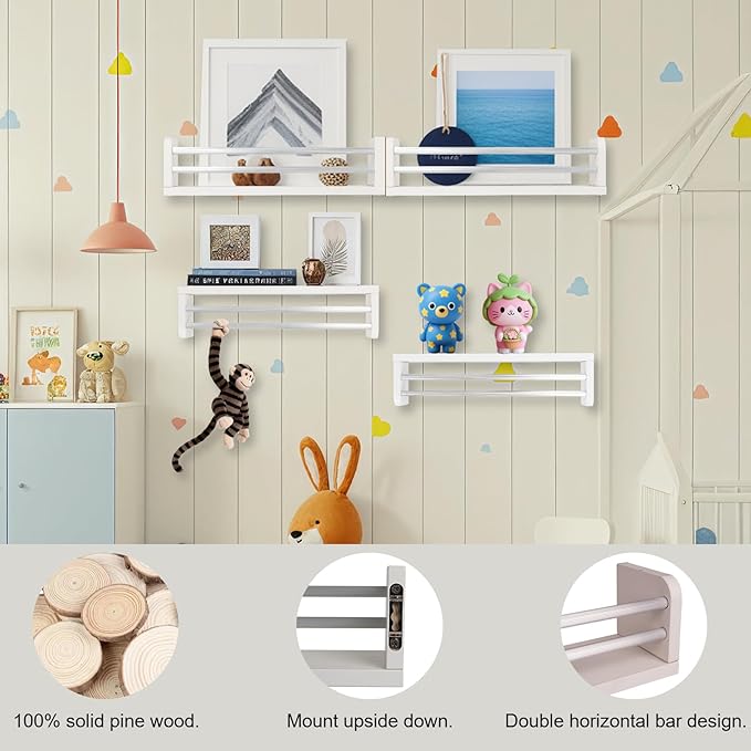 Nursery Wall Bookshelves 4-Pack, Floating Shelves for Kids Room Décor, Baby & Toddler Book Shelf Organizer, Solid Wood Wall-Mounted Rack for Books, Toys & Nursery Storage