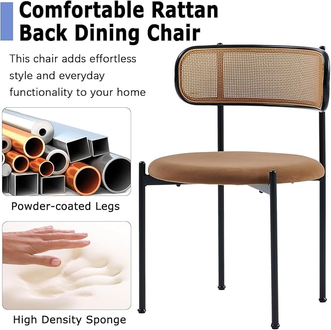 Rattan Dining Chairs Set of 4, Mid Century Modern Dining Chairs with Cane Back and Boucle Upholstered Seat, Farmhouse Kitchen Chairs for Dining Room and Living Room, Brown
