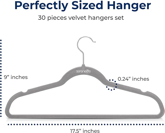 SereneLife 30 Pack Velvet Hangers – Non-Slip Clothes Hangers with Heavy Duty Design, Slim Space-Saving Coat Hangers with 360° Swivel Hook, Strong Lightweight Closet Organizer Set for Clothes (Gray)