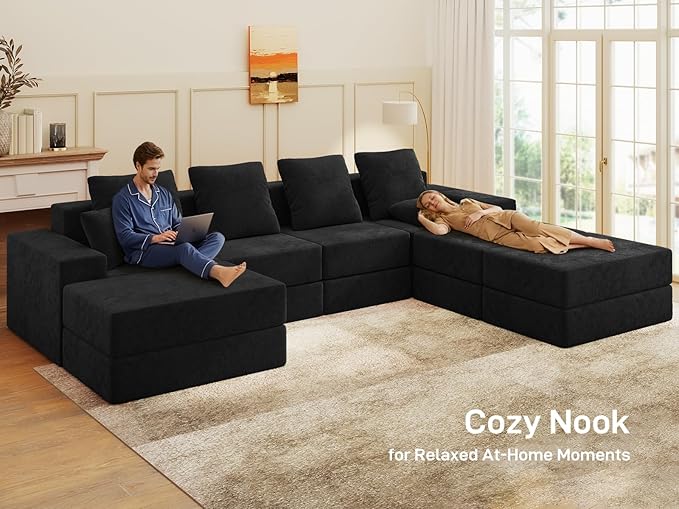 Living&Giving 128" U-Shaped Cloud Sectional Couch for Living Room, Cloud Boneless Couch-No Assembly with Reversible Chaise, Customizable 4-Seat Modular Sectional Sofa with 3 Ottoman, Black