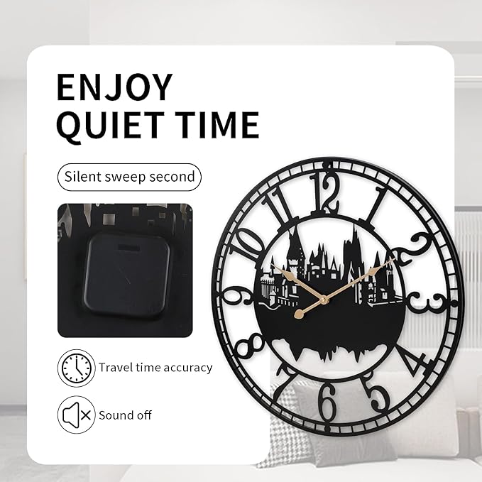 Wall Clocks for Living Room, Metal Black Castle with Metal Golden Retro Hands, Battery Operated Silent Non-Ticking Large Wall Clock for Bedroom Kitchen Living Room Home Decor,16x16Inch