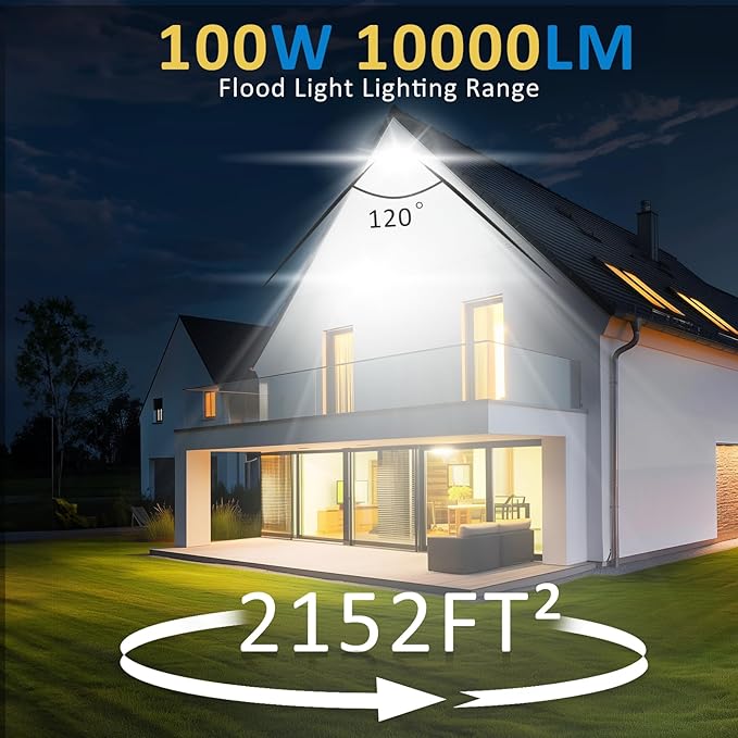 100W LED Flood Light Outdoor, 10000LM Super Bright Floodlight Outside Work Lightwith Plug, 6500K Daylight White LED Flood Light Outdoor, IP66 Waterproof Outdoor Flood Light-1Pack
