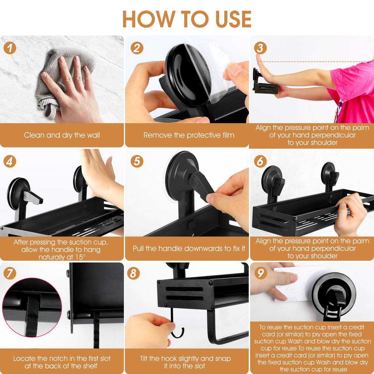 CIBOTIES Suction Cup Shower Caddy with 5 Hooks & Towel Rrack 15.7inch Black