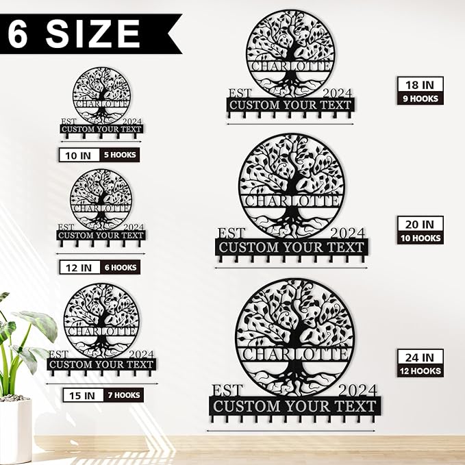 Personalized Metal Key Holder Wall Mount, Custom Name Tree of Life Key Holder for Wall, Key Organizer Rack with Hooks, Home Decor for Living Room Entryway Bathroom Kitchen, Housewarming Gifts Color03