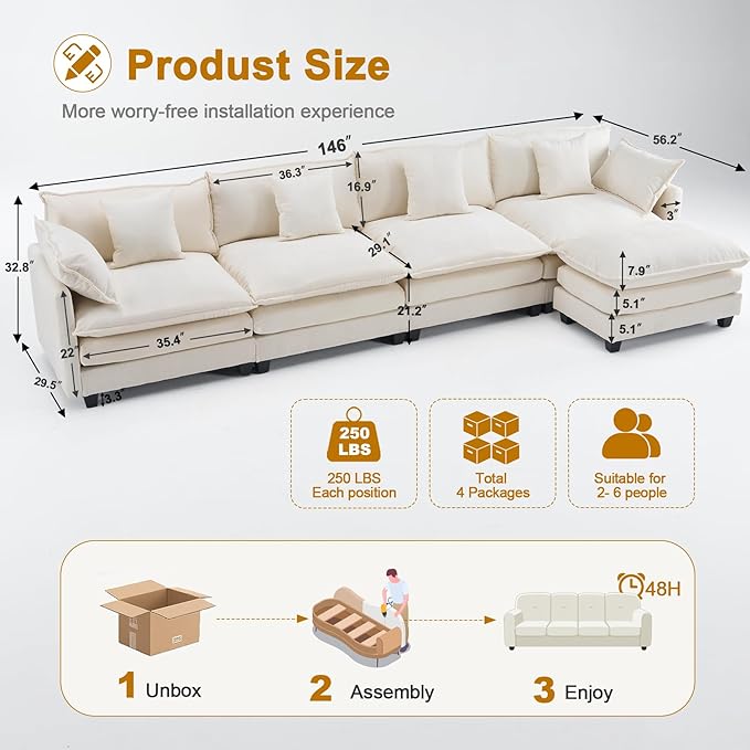 146" Cloud Chenille Sectional Couch 4+2 with Ottomans｜Large Modular Sofa for Spacious Living Rooms｜FSC Solid Wood Frame｜29.1" Deep Seat｜Easy Assembly & 1YR Guarantee