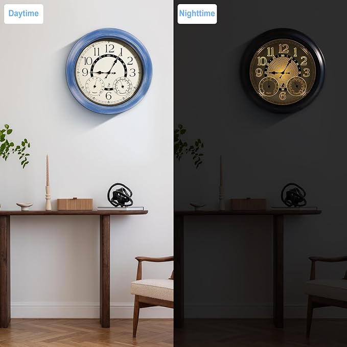 18 Inch Illuminated Retro Indoor Outdoor Wall Clocks with Thermometer and Hygrometer Waterproof Metal Large Clocks with Auto Light Smart Sensor for House Warming Gifts New Home Living Room Decor