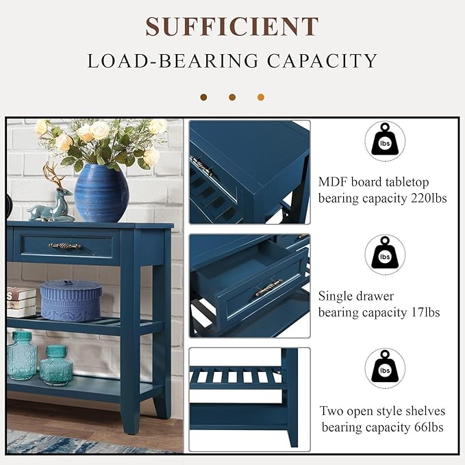 KEIKI 42”L Pine Solid Wood Entryway Console Table with 2 Storage Drawers, Mid-Century Retro Behind Couch Sofa Table with 2 Tiers Open Shelf for Hallway, Entrance, Entry Way, Living Room, Foyer