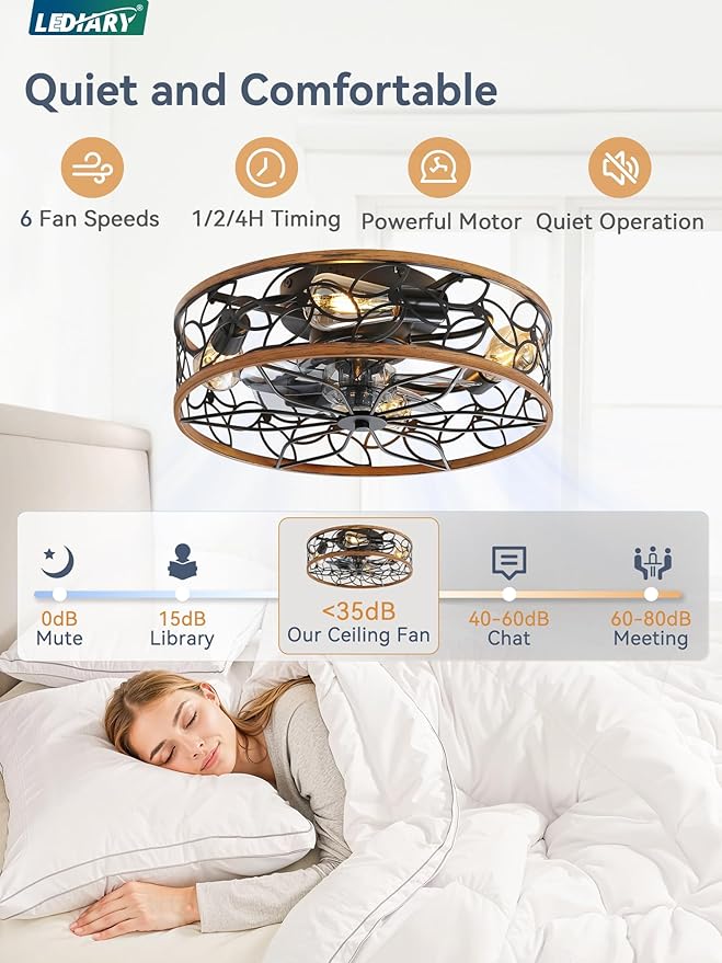LEDIARY Caged Ceiling Fans with Lights, Farmhouse Flush Mount Ceiling Fan with Remote, Black&Walnut Low Profile Ceiling Fan Light Fixture for Bedroom, Kitchen, Dining Room.